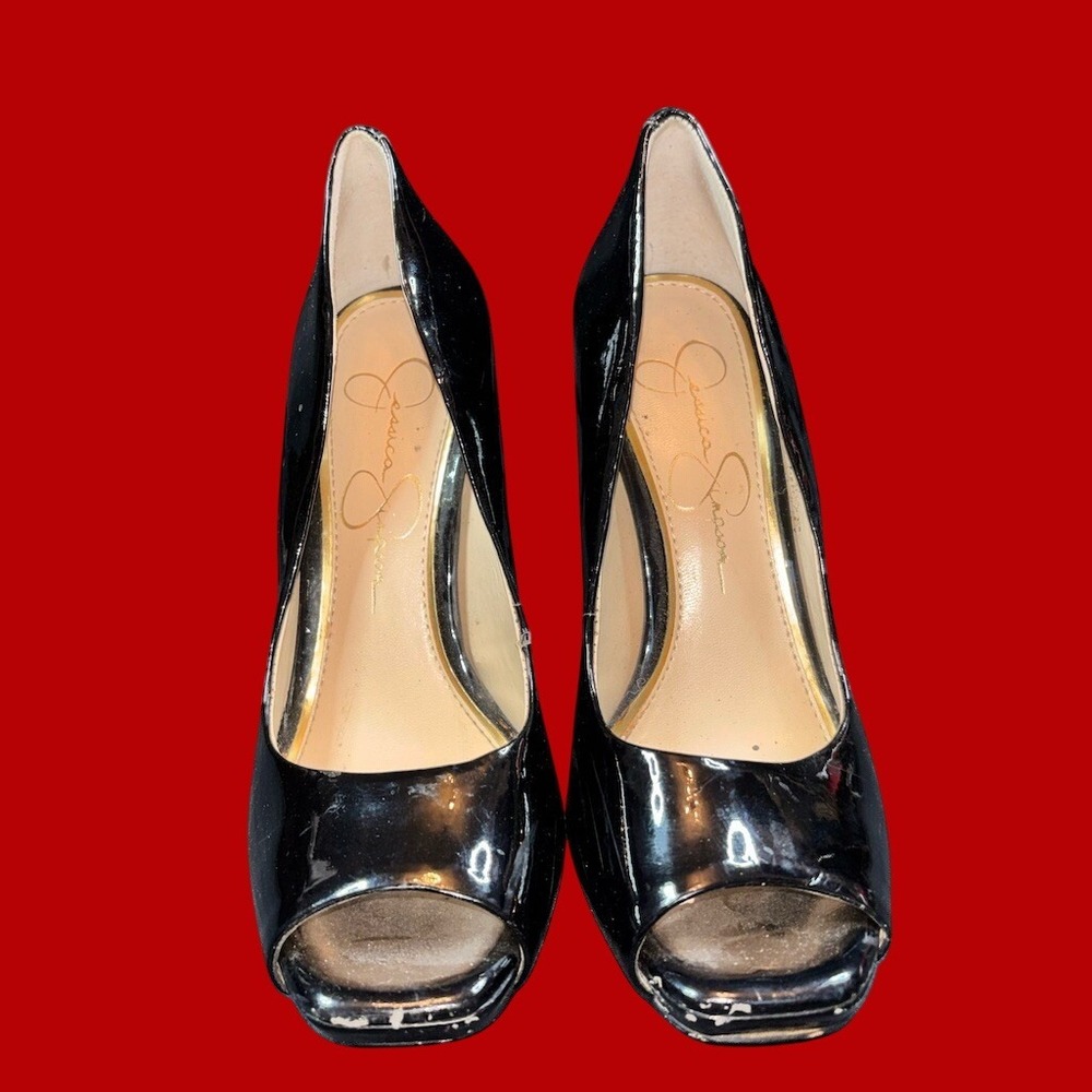 Jessica Simpson Pumps Womens 7.5 Black Peep Toe Platform Stiletto Heel patent 4"